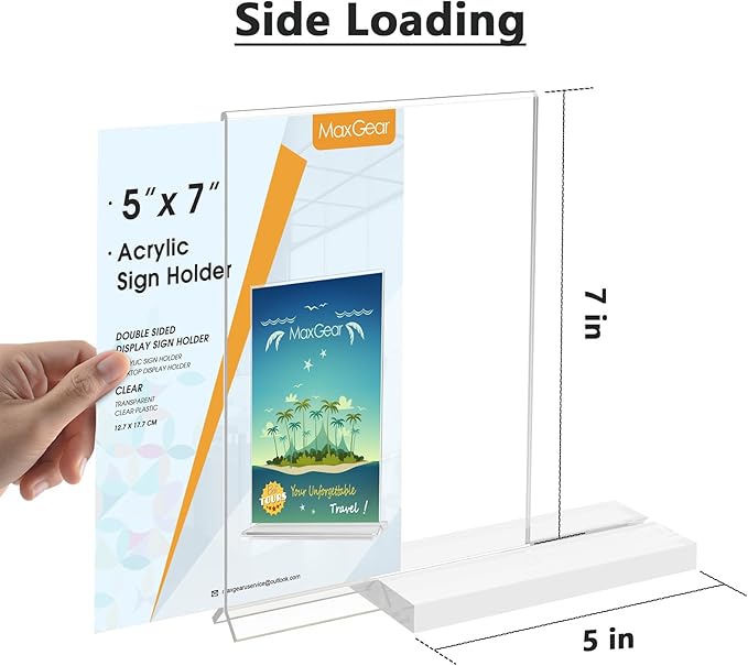 MaxGear 5x7 Acrylic Sign Holder 12 Pack, Double Sided Display Stand, Clear Paper Holder Picture Frame, Plastic Menu Stand Photo Frame for Stores, Restaurants, Hotels, Office