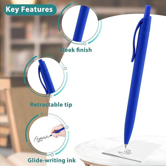 Pens Bulk, 50 Pack Retractable Ballpoint Pen, No Bleed Blue Click Pens, Blue Shell Black Ink Writing Pen in Medium Point, 1.0 MM Black Smooth Ink, Ideal for Office, School & Everyday Use
