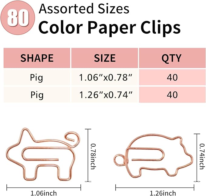 80 Pcs Rose Gold Animal Pig Creative Metal Paper Clips - Fun Pig School Supplies for Pig Lovers(Rose Gold Pig)