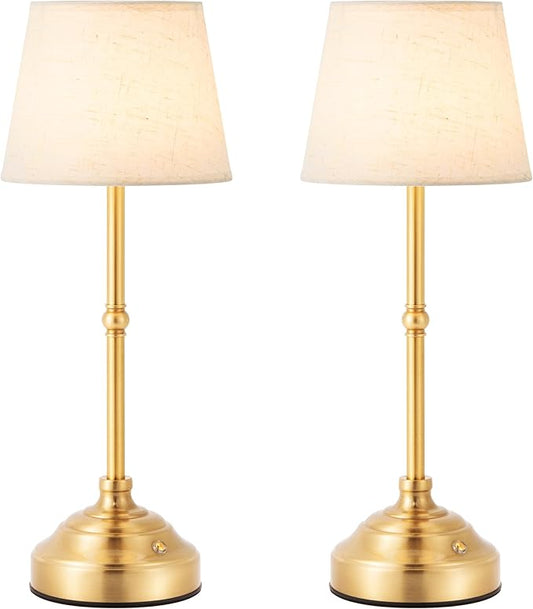 2 Pack Cordless Table Lamp, Rechargeable Desk Lamp with Fabric Shade, Battery Operated Lamp 3 Color Stepless Dimming, Small Touch Bedside Lamp Home Decor for Dining, Counter (Brushed Gold)