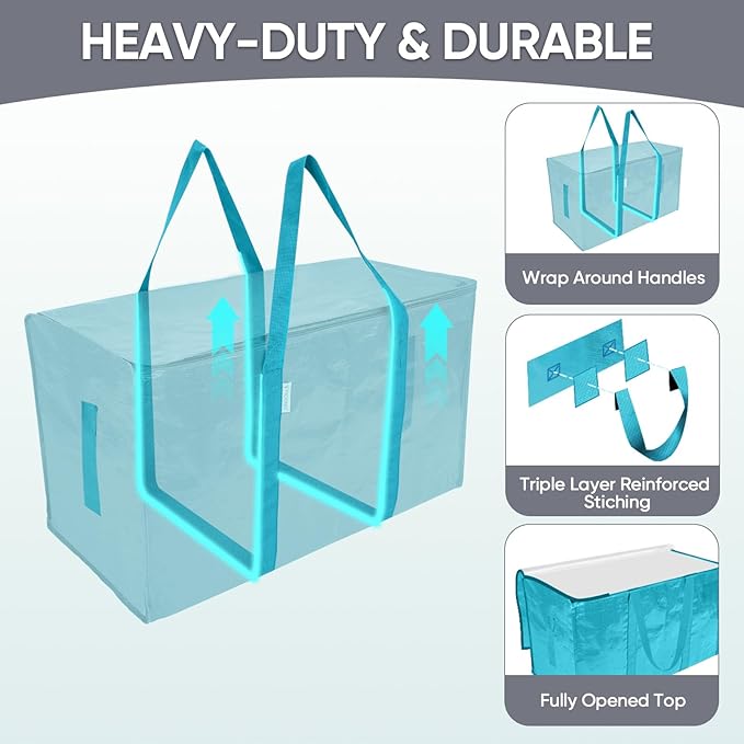 TICONN 2 Pack Extra Large Moving Bags with Zippers & Carrying Handles, Heavy-Duty Storage Tote Moving Boxes for Space Saving (2 Pack, Aqua)