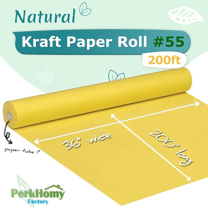 PerkHomy 36" x 2,400" (200') Lemon Yellow Kraft Paper Roll for Craft Bulletin Board Paper Art Table Covering Crafting Gift Wrapping Bouquet Packing Parcel 80GSM 55LB (Lemon Yellow, 36" x 200')