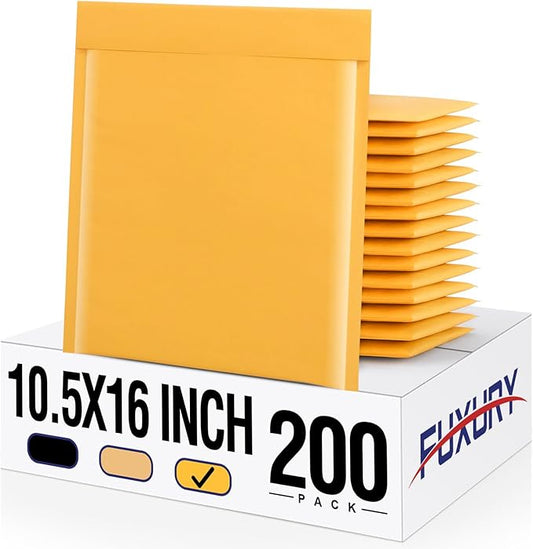 Fuxury Kraft Bubble Mailer 10.5x16" 200Pack Strong Adhesion Padded Envelopes Kraft Yellow Bubble Envelopes Usable Size 10.5x15" Waterproof Cushioned Padded Mailers Packaging for Small Business