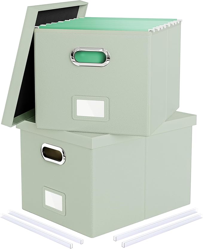 Oterri 2 Pack File Storage Organizer Box,Filing Box,Portable File Box with Lid,Fit for Letter/Legal File Folder Storage, Grey-green(Leather)-Box only