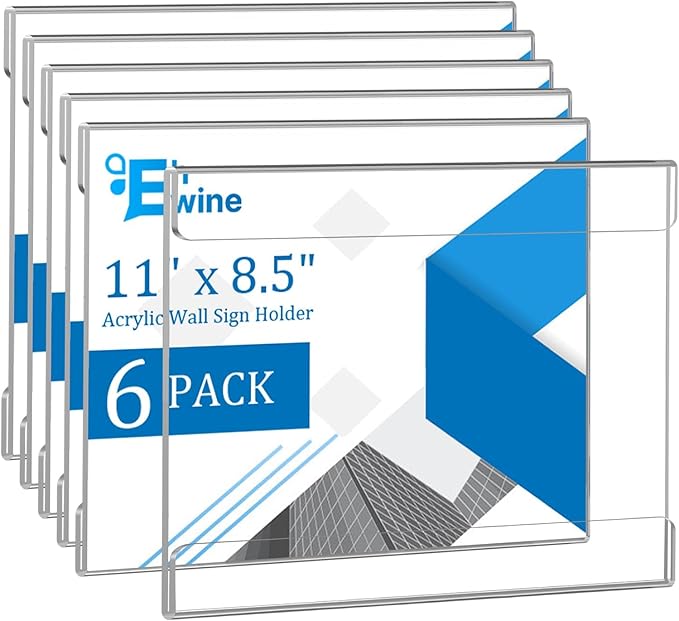 EHWINE 6 Pack 8.5 x 11 Wall Mount Acrylic Sign Holder, Horizontal Wall Signs Photo Menu Flyer Display Holders, Plastic Clear Acrylic Frames for Office Home Hotel Business Store (with Adhesive Tape)