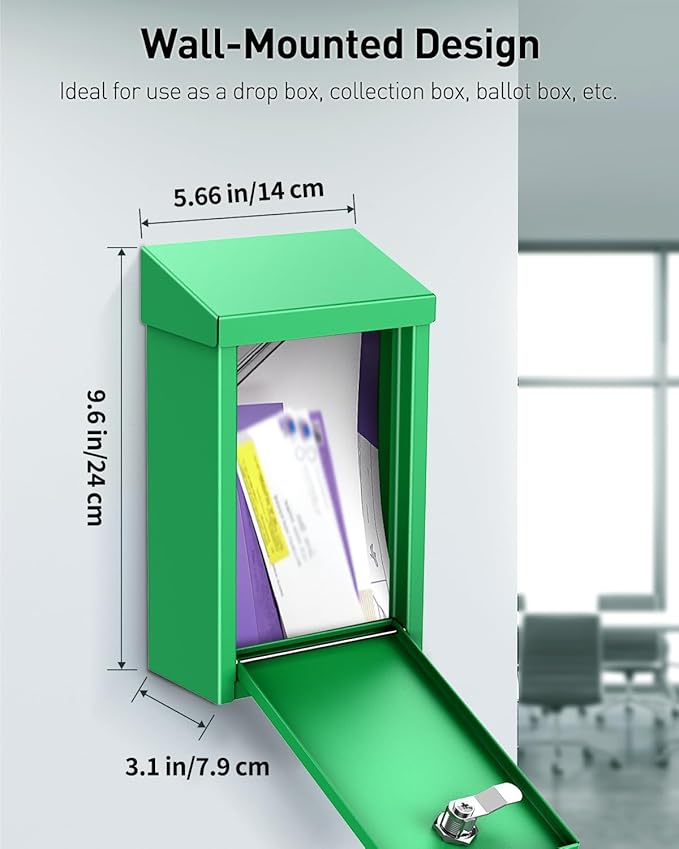 Uniclife Green Key Drop Box for Outside, Metal Safe Suggestion Box with Key Lock, Collection Boxes Donation Chest, Wall Mounted Mailbox with Top Slot, Steel Cash Drop Chest for Home Office Business