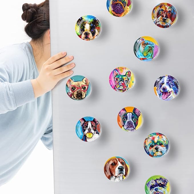 12Pcs Glass Refrigerator Magnet Fridge Sticker,Oil Painting Dog Fridge Magnets Decoration for Crafts,Strong Fridge Magnets for Kitchen, School,Office Whiteboard, Cabinet and Dishwasher