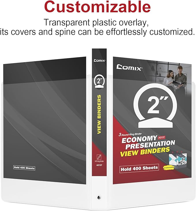 Comix Sturdy 2 inch Round Ring View Binder, 3 Ring Binder 2", PVC-Free, 450-Sheet Capacity, Fits 8.5" x 11" Letter Size Paper 6-Pack (White)