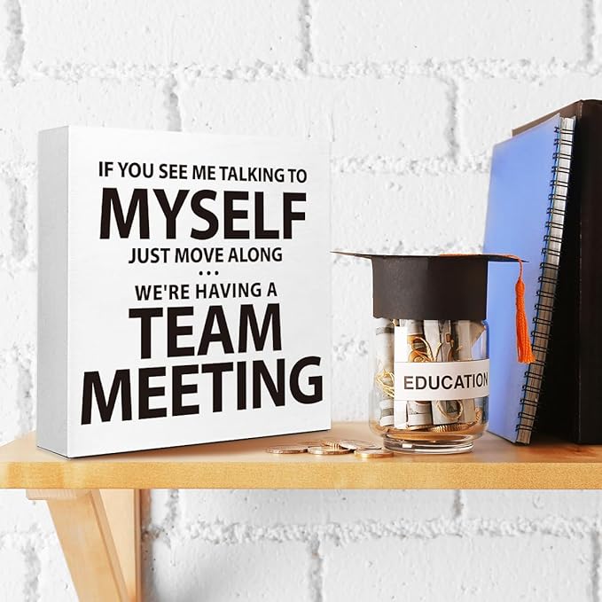 HR Approved Wooden Block Sign "If You See Me Talking to myself..." 5x5x1 INCH, Work From Home Humor Decor with Funny Message, Vintage Style Office Plaque for Desk or Wall