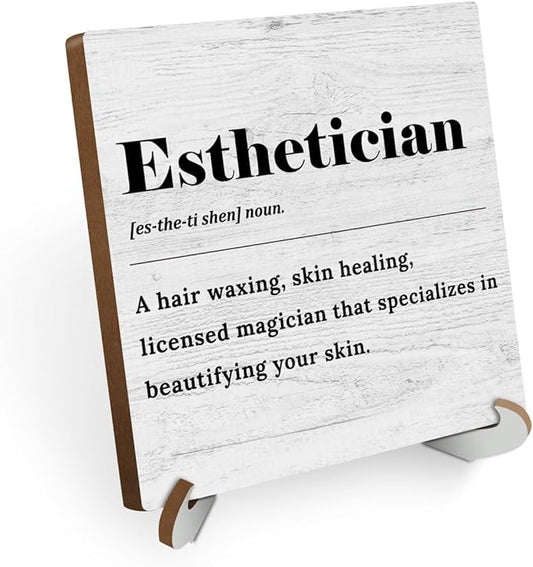 Esthetician Definition Wood Sign Desk Decor Rustic Esthetician Supplies Office Cubicle Decor Plaque with Wooden Stand Farmhouse Beauty Salon Desk Accessories for Home Table Shelf Centerpieces