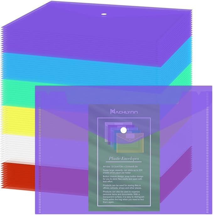 NACHLYNN 108 Pack Plastic Envelopes Poly Envelopes with Snap Closure A4 Size Clear Document File Folders Organizers Assorted Color File for School Office Supplies