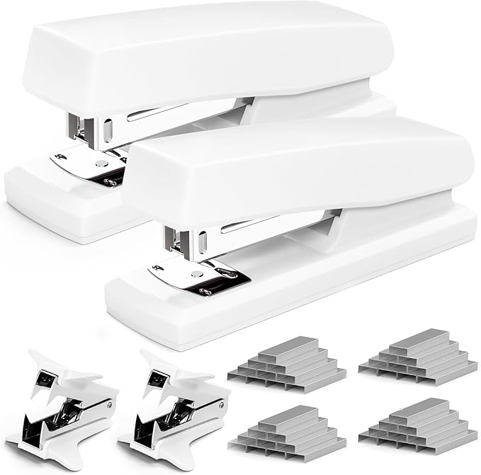 2 Pack White Office Stapler, 25-Sheet Capacity with 4000 Staples and 2 Staple Removers, Desktop Stapler, White Office Supplies for Students and Office Clerks