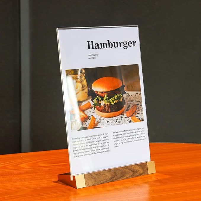 Acrylic Sign Holder 8.5x11 Inch with Wood-Color Base, Tabletop Display Sign Frame Vertical Clear for Store/Coffee Shop/Restaurant Menu Display Hotel/Office Show Exhibitions Holder, 2 Pack L Shape