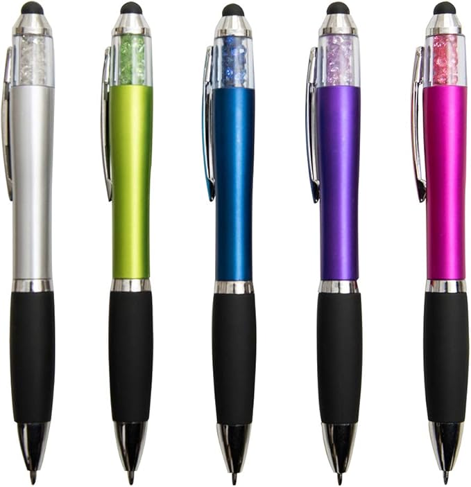 MiSiBao Stylus Pens for Touch Screens, Medium Point Pens with Crystals for Women and Kids Black Ink Pen with Stylus Ballpoint Pens with Comfort Grip for The Ipad (Style-5 Count+3 Refills)