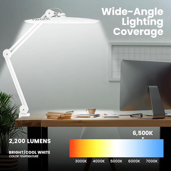 Neatfi XL 2,200 Lumens LED Desk Lamp with Clamp, 24W Bright Architect Task Lamp, 20 Inches Dimmable Computer Light, Adjustable Desk Light for Home, Office, Crafts, Nails & Hobbies (Non-CCT, White)