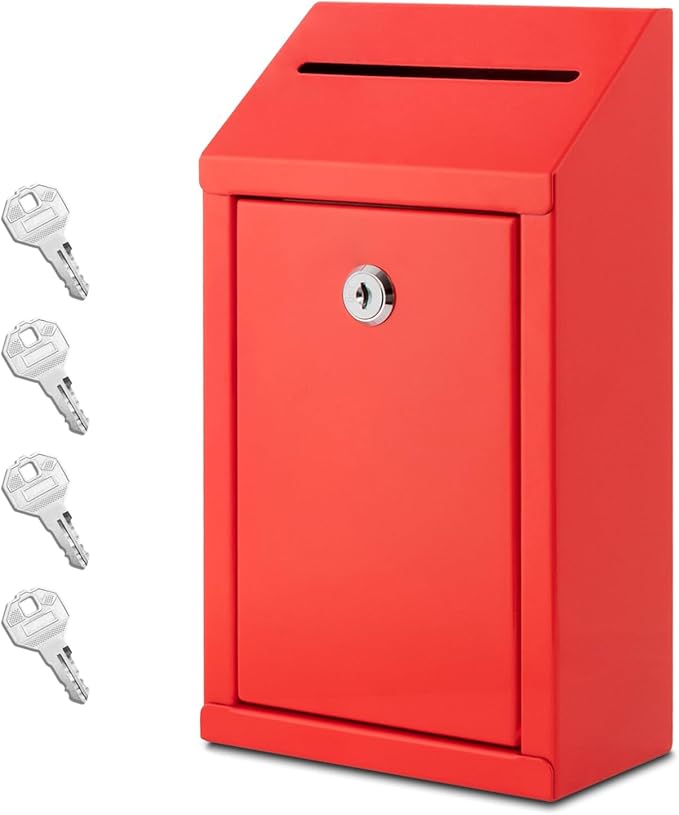 Metal Donation Box with Lock, Wall Mounted, Suggestion Box with 4 Iron Keys, Red, Cash Drop Box with Slot, 1-Pack