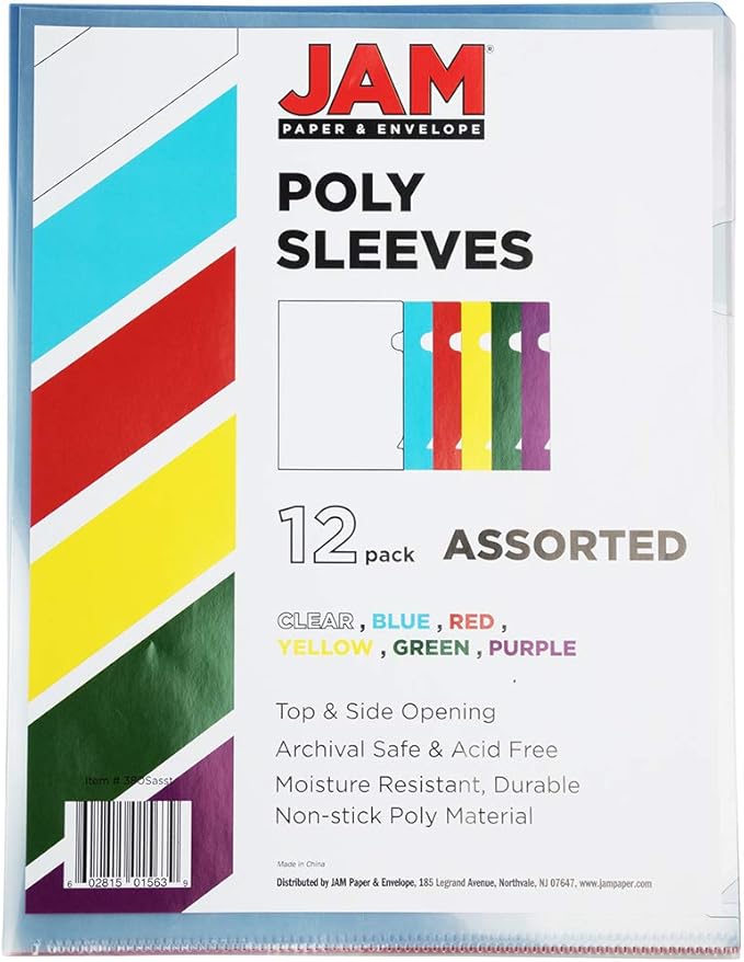 JAM PAPER Plastic Sleeves - Letter Size - 9 x 11 1/2 - Assorted Color Project Pockets - 12 Page Protectors/Pack