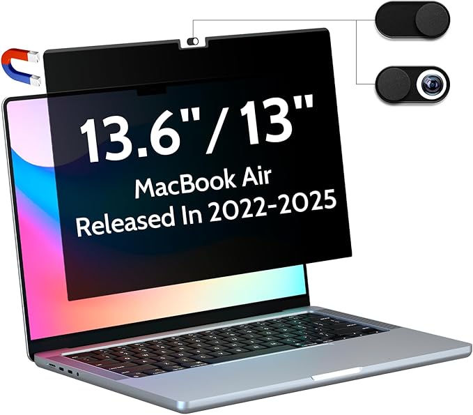 Magnetic Privacy Screen for Macbook Air 13.6/13 Inch (2022-2025, M2, M3, M4), Removable Matte Anti Glare Blue Light Protector Private Security Filter for 13.6inch Mac Laptop Computer