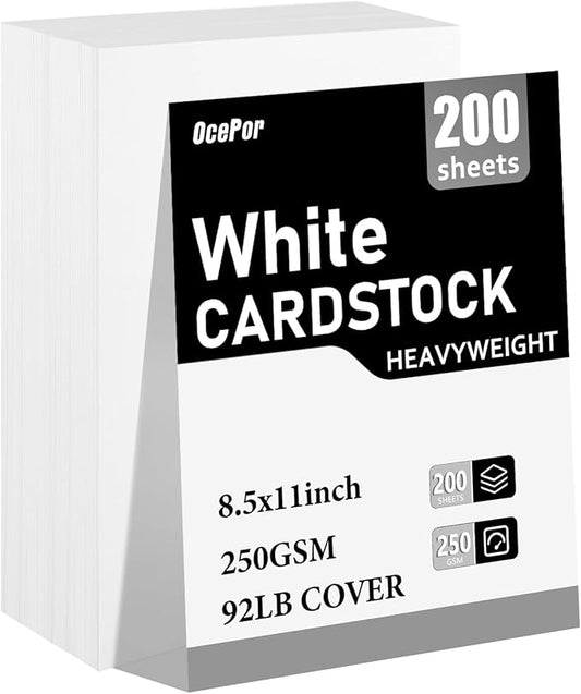 OcePor 200 Sheets White Cardstock 8.5 x 11, 92lb/250gsm Card Stock Paper, Thick Printer Cardboard Paper, Heavy Cardstock for Invitation, Resume, Certificate, Business Cards, Office