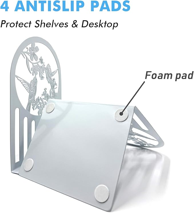 Hummingbird Book Ends, Metal Bookends for Shelves Decorative, Book Stopper for Heavy Books, Bookends for Home, Office, Library, School Use (White)