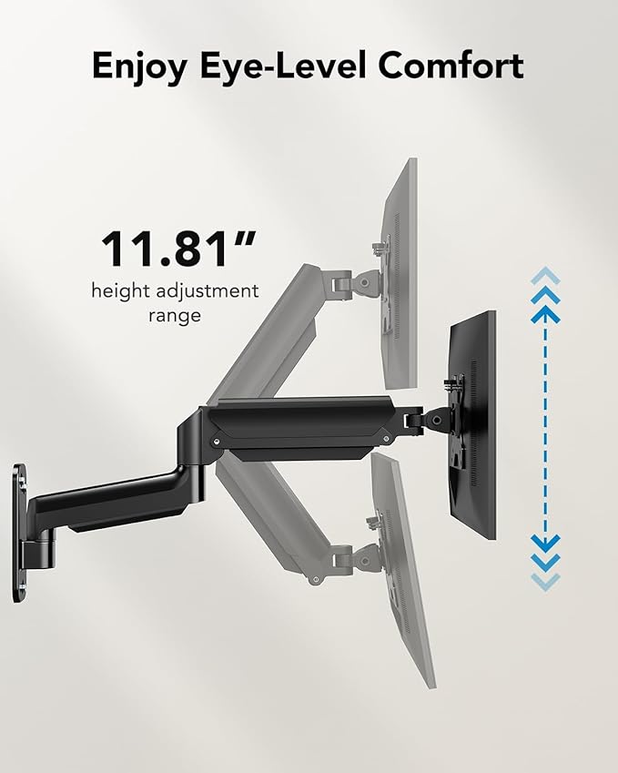 HUANUO Computer Monitor Wall Mount for 22 to 35 inch Flat Curved Screens, Single Wall Mount Monitor Arm Holds up to 26.4lbs, Height Adjustable Full Motion Gas Springcore Vesa Mount, Max 200x200mm