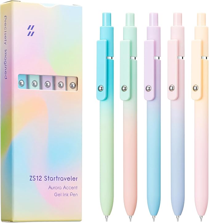 5PCS Retractable Gel Pens Set, Quick Dry Black Ink Fine Point Soft Touch Roller Ball Gel Ink Pen for Smooth Writing (Aurora Color)