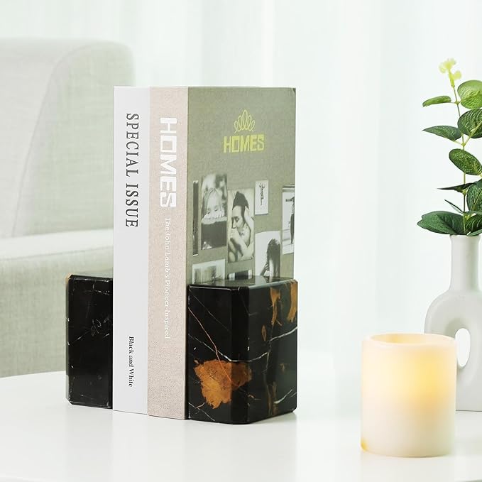 BCS Italy Natural Marble Bookends for Shelves, 7lbs Decorative Book Ends for Heavy Books, Athenian Column Stone Book Holders, Office Bookshelf Stopper Decor for Books, CDs, Video Games (Nero Portoro)