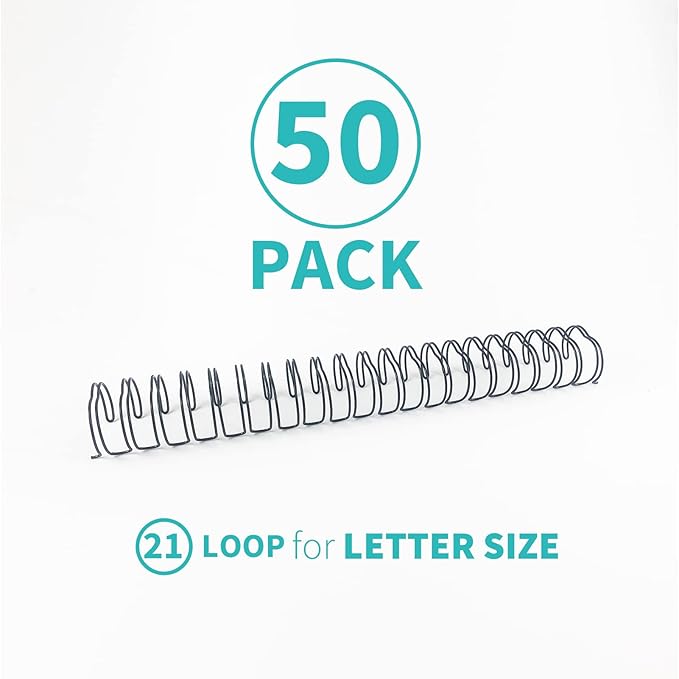 Binditek 50 Pack Double Loop Wire Binding Spines, 3/4Inch Binding Wire for Letter Size, 2:1 Pitch, 180 Sheet Capacity, 21-Loop, Black, for Students and Coworkers