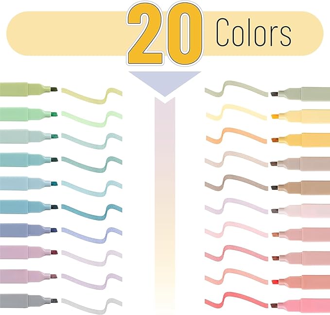 Aesthetic Highlighters, 20 pcs, Chisel Tip, Pastel Colors, No Bleed Bible Highlighter Pastel,Assorted Colors, Christmas Gifts