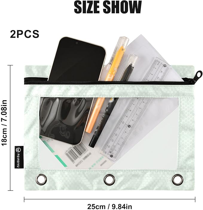 Gredecor Binder Pencil Pouch 3 Ring Honeydew Zipper Pencil Pouches Case 2 Pack Clear Binder Organizer for School Office