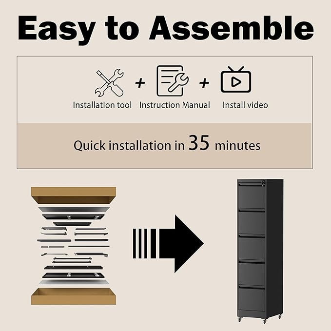 5 Drawers Filing Cabient with Wheel, File Cabinet with Lock, Steel Vertical Filing Storage Cabinet for Office, Heavy-Duty File Cabinets for Letters/Legal/A4 (Require Assembly, Black)