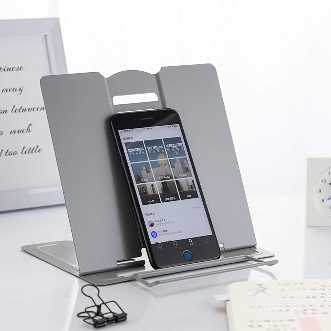MSDADA Desk Book Stand Metal Reading Rest Book Holder Angle Adjustable Stand Document Holder Portable Sturdy Lightweight Bookstands-Textbooks Tablet Music Books Cook Recipe (Grey)