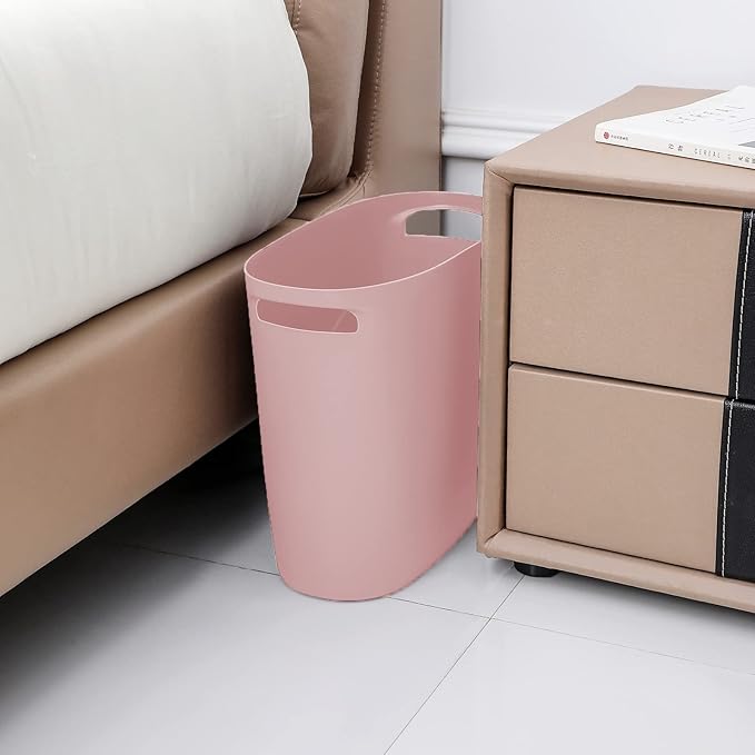 JiatuA Plastic Small Trash Can Slim Waste Basket with Handles 3.2 Gallon Narrow Garbage Container Bin for Bathroom, Bedroom, Kitchen, Home Office Under Desk, Dorm, Laundry Room, Kids Room, Pink