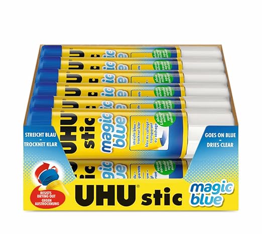UHU Colored All Purpose Glue Stick 12-Pack Blue Applies & Dries Clear, 1.41oz - Non-Toxic, Washable. Permanent Strong Bond, Solvent-Free with Screw Cap,
