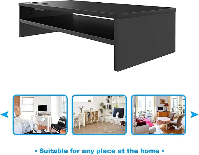 BONTEC Wood Monitor Stand Riser, 2-Tier Desktop Organizer with Storage, Ergonomic Computer Stand for Desk, Cable Management, Cellphone Holder, 21.3 Inch Shelf, Black