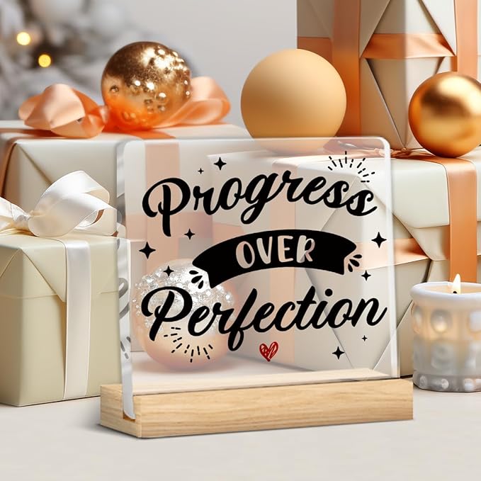 Motivational Office Desk Sign, Positive Office Decor, Inspirational Progress Over Perfection Sign for Office Decor, with Wooden Stand Gift