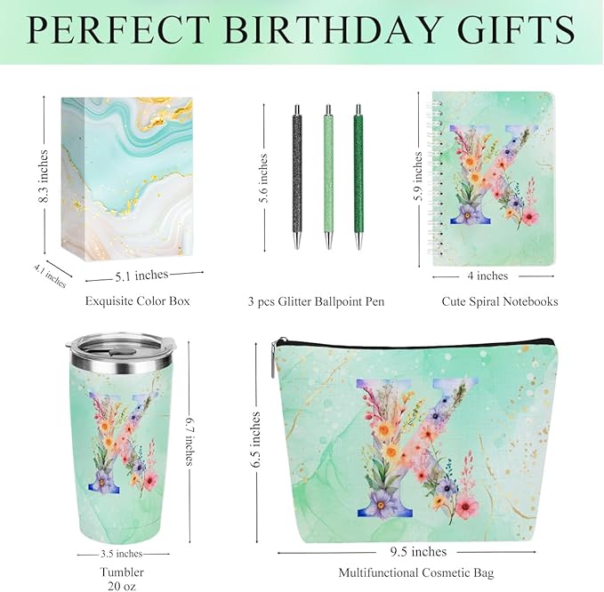 Personalized Gifts Monogrammed Birthday Gifts for Women, Soul Sister Bachelorette Party Wedding Christmas Initial 20 oz Tumbler, Makeup Bag Cup Pens Journal Notebook 6 Set, (Aesthetic Green Flower K)