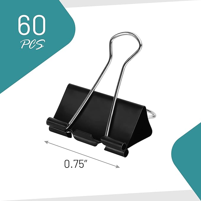 Binder Clips - 60 Pack Small Black Paper Clamps, 0.75 Inch, Holds 40+ Pages, File Clip for Home, Office and School Supplies