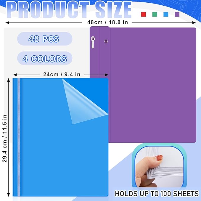 Teling 48 Pcs Clear Front Report Covers with Prongs Plastic Presentation Folders 3 Prong Resume Portfolio Folder for School(Multicolor)
