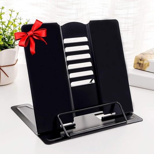 MSDADA 1PC Desk Book Stand Metal Reading Rest Book Holder Adjustable Cookbook Documents Holder Portable Sturdy Bookstands for Recipes Textbooks Tablet Music Books with Page Clips (Black)