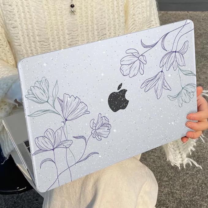 Case Compatible with MacBook Air 13.6 inch 2025 2024 2023 2022 M4 M3 M2 A3113 A2681 A3240 Cover with Touch ID, Pattern Plastic Hard Shell Case for MacBook Air 13 M4 2025, Purple Line Flower