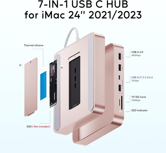 USB C HUB for iMac 24 inch 2021/2023, PULWTOP USB Hub Adapter iMac Accessories for M1/M3 with USB C 10Gbps 3*USB A SD/TF, Docking Station Support Expand M.2 SSD (Not Included), Color not for i.Mac M4