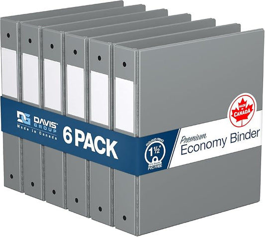 Premium Economy 6-Pack 3-Ring Binders for School or Office, Round-Ring Binders, 1.5 Inch, Gray