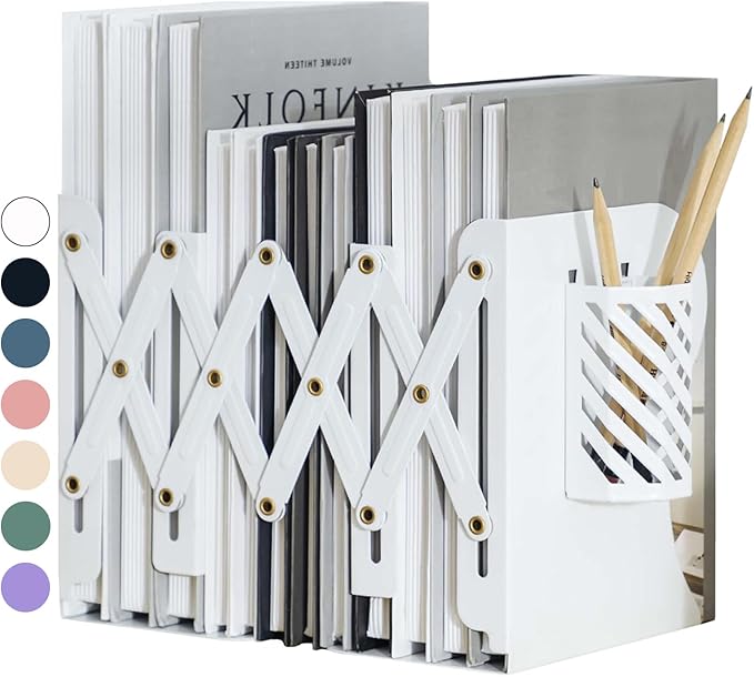 Kingsmile Book Ends, Adjustable Bookends for Shelves, Metal Bookends for Heavy Books, Book Stopper Organzier with Pen Holder for Desk, Kids Room, Office, Classroom, Library, Study Room.(White)