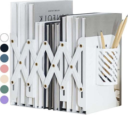 Kingsmile Book Ends, Adjustable Bookends for Shelves, Metal Bookends for Heavy Books, Book Stopper Organzier with Pen Holder for Desk, Kids Room, Office, Classroom, Library, Study Room.(White)