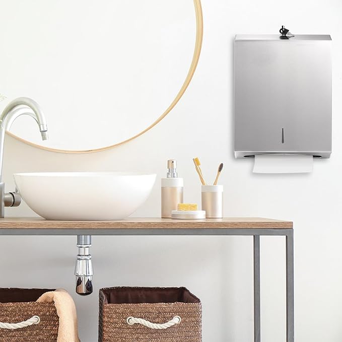 Suwimut Paper Towel Dispenser Wall Mount, Commercial Stainless Steel Hand Towel Dispenser Holds Multifold, Trifold, C Fold, Touchless Hand Towels Dispenser with Lock for Restroom, Bathroom, Kitchen