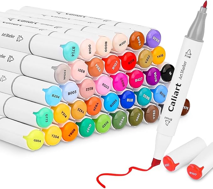 Caliart 41 Colors Dual Tip Art Markers Permanent Alcohol Based Markers Colored Artist Drawing Marker Pens Highlighters With Case for Coloring Animation Illustration Painting Card Making Underlining