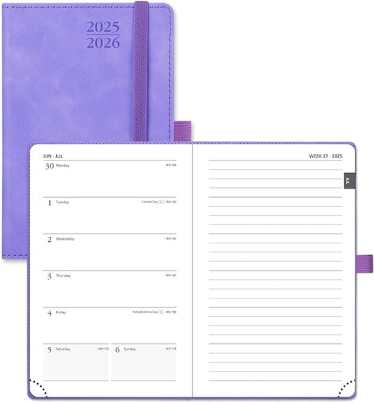 POPRUN Planner 2025-2026 Weekly Notebook for Purse(Pocket Size 4''x 6.25'') Small Academic Calendar (JUL.25 - JUN.26) with Monthly Tabs, Leather Soft Cover, Inner Pocket, 100 GSM - Lilac