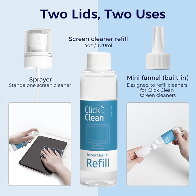 Click Clean Screen Cleaner Kits - 4 All-in-One Mist Cleaner with 4 oz Refill, 1 Microfiber Cloth(7.8 x 7.8in), 1 Mini Funnel, and 1 Sprayer - for All Phones, Laptop and Tablet Screens