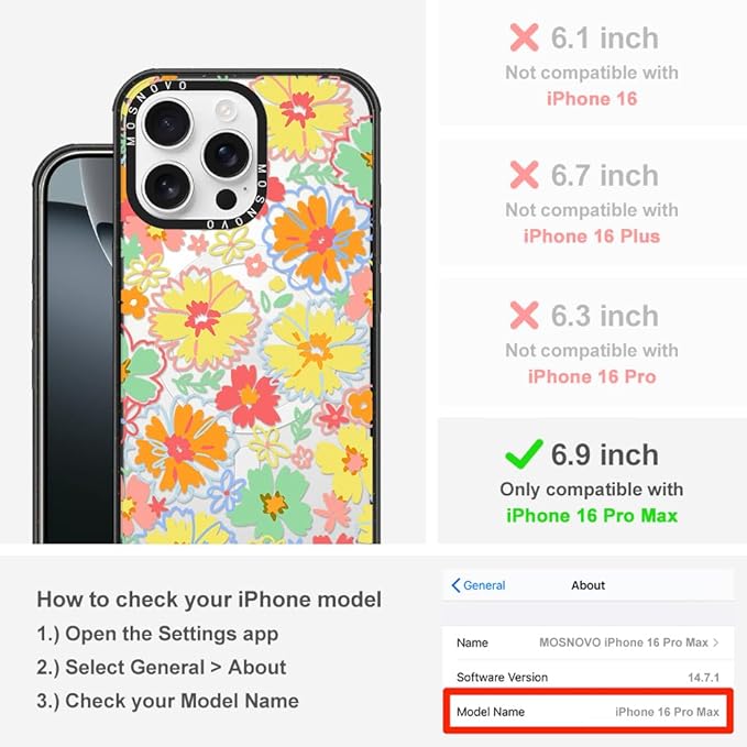 MOSNOVO Magnetic Case for iPhone 16 Pro Max, 10ft Military-Grade Protection, Compatible with Magsafe, Shockproof Phone Case for iPhone 16 Pro Max - Retro Boho Hippie Flowers - Clear Black